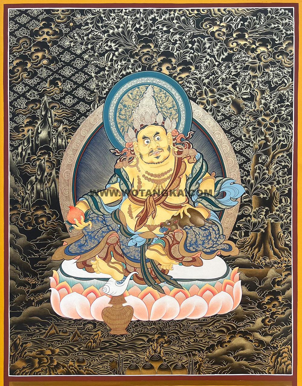 |已结缘·可定制|唐卡寄卖编号:JM·188-214309-黄财神彩莲如意姿财富供养图(黑唐)