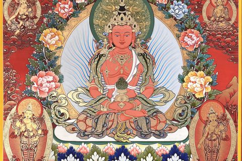 编号188-307290：红金唐卡-长寿佛·长寿三尊（100*70CM左右）
