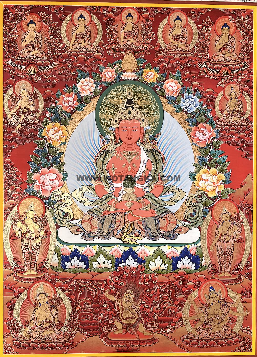 热贡-才让扎西·画院:红金唐卡-长寿佛·长寿三尊(100*70CM左右)