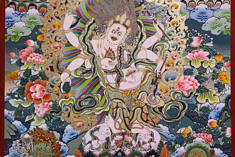编号188-502306：彩绘唐卡-白六臂玛哈嘎拉·五方财神（120*90CM左右）