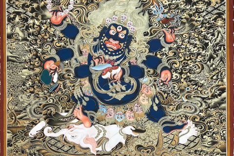 编号188-697122：黑金唐卡-六臂玛哈嘎拉（100*70CM左右）