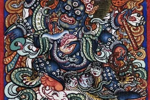 编号118-2040318：彩绘小唐卡-六臂玛哈嘎拉（长方形·5*4CM左右）