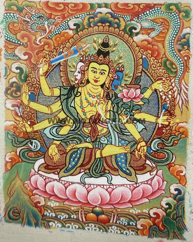 编号118-2158759：彩绘小唐卡-三面八臂文殊菩萨（长方形·5*4CM左右）