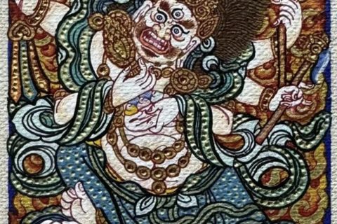 编号118-2415372：彩绘小唐卡-白六臂玛哈嘎拉（长方形·5*4CM左右）