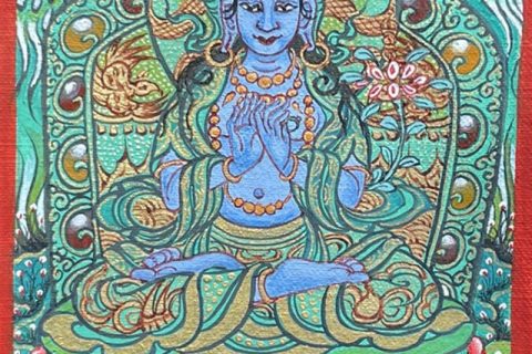 编号118-2634816：绿金小唐卡-金刚手菩萨·寂静相（长方形·5*4CM左右）