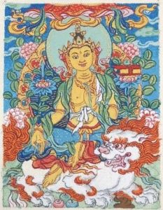 编号118-7956827：彩绘小唐卡-骑狮文殊菩萨（长方形·5*4CM左右）