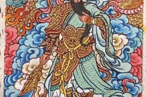 编号118-8072852：彩绘小唐卡-关公·伽蓝菩萨（长方形·5*4CM左右）