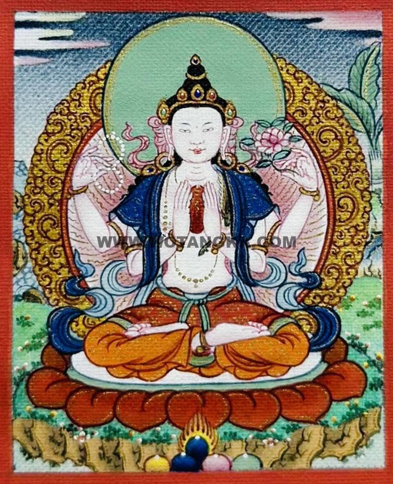 编号118-8140677：彩绘小唐卡-四臂观音（长方形·5*4CM左右）