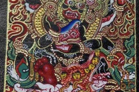 编号118-9021570：黑金小唐卡-六臂玛哈嘎拉（长方形·5*4CM左右）