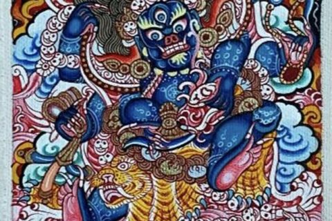 编号118-9136251：彩绘小唐卡-六臂玛哈嘎拉（长方形·5*4CM左右）