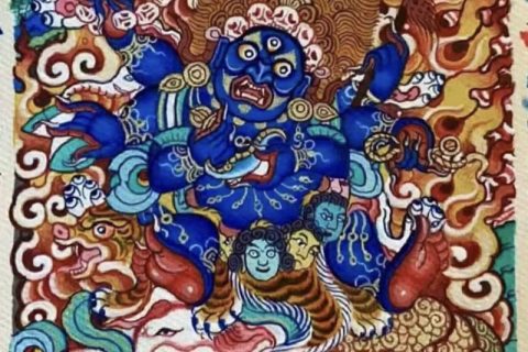编号118-9204694：彩绘小唐卡-六臂玛哈嘎拉（长方形·5*4CM左右）