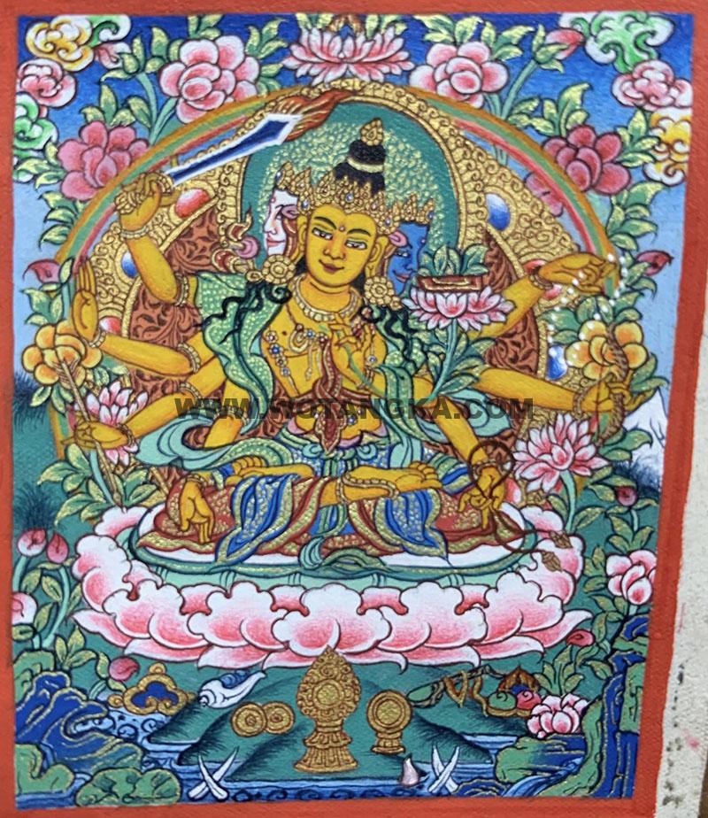 编号118-9218417：彩绘小唐卡-三面八臂文殊菩萨（长方形·5*4CM左右）