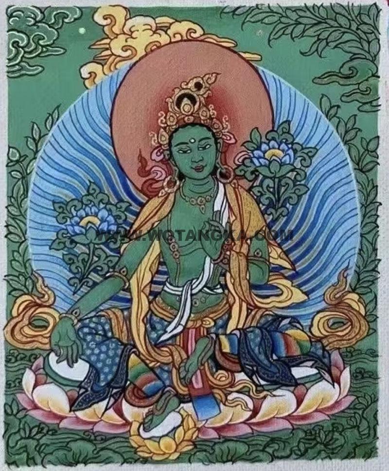 编号118-9751460：彩绘小唐卡-绿度母（长方形·5*4CM左右）