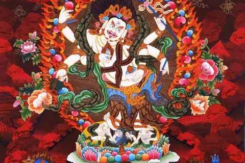 编号138-674637：红金唐卡-白六臂玛哈嘎拉（76*52CM左右）