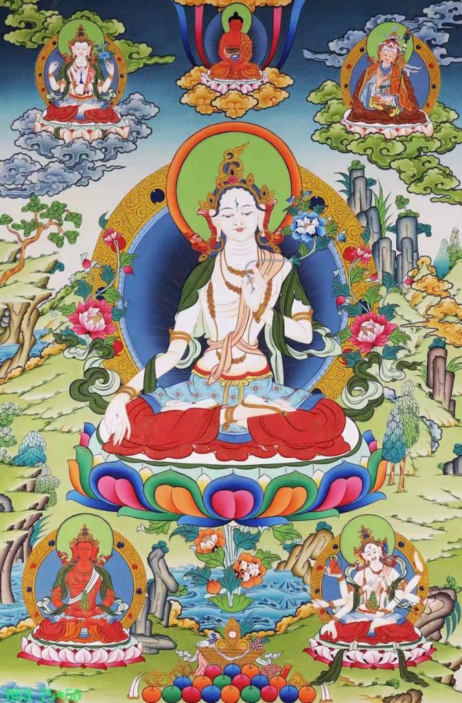 编号138-878610：彩绘唐卡-白度母·长寿三尊（75*50CM左右）