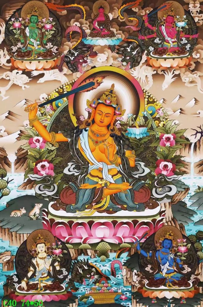 编号138-918332：彩绘唐卡-文殊菩萨·五部文殊（74*50CM左右）