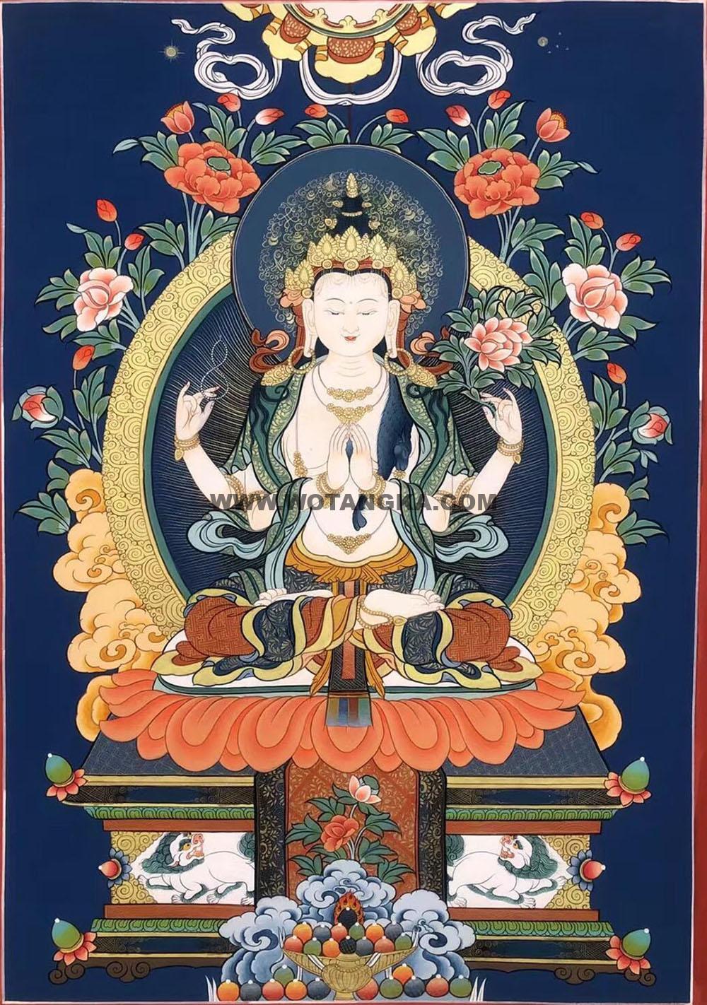 |已结缘·可定制|唐卡寄卖编号:JM·188-425899-四臂观音双狮抬座如意供养图(彩唐)