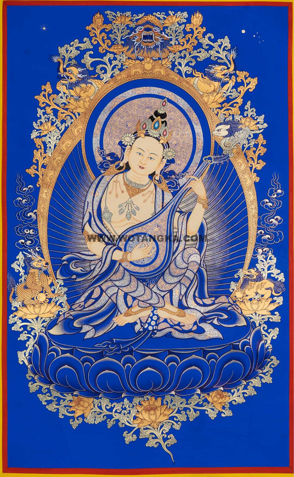 |已结缘·可定制|唐卡寄卖编号:JM·188-426210-妙音天女晶蓝净土二龙瑞兽智慧供养图(蓝唐)