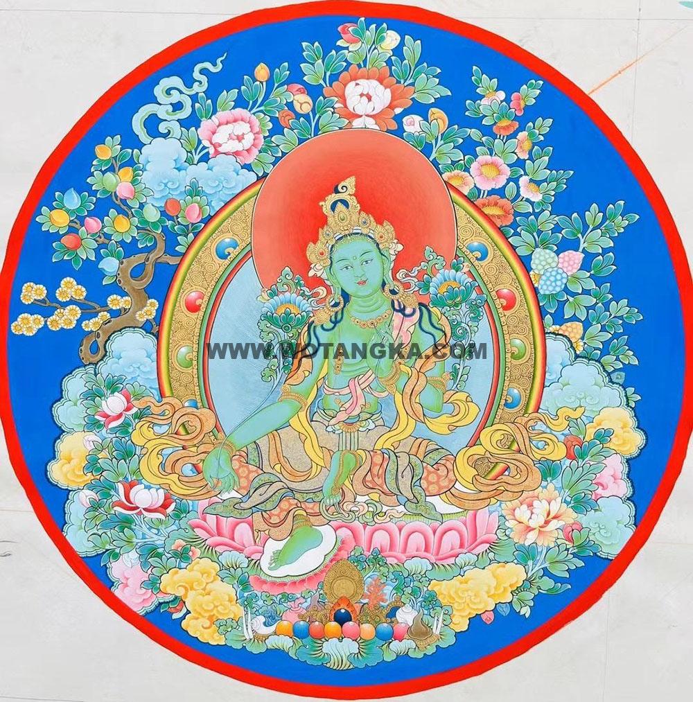 热贡-尼玛顿珠·画院:彩绘唐卡-绿度母(圆形·直径80CM左右)