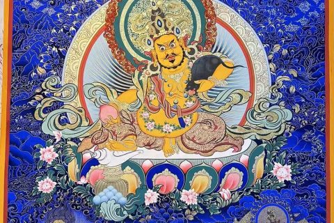 编号188-591250：蓝金唐卡-黄财神·五方财神（100*70CM左右）