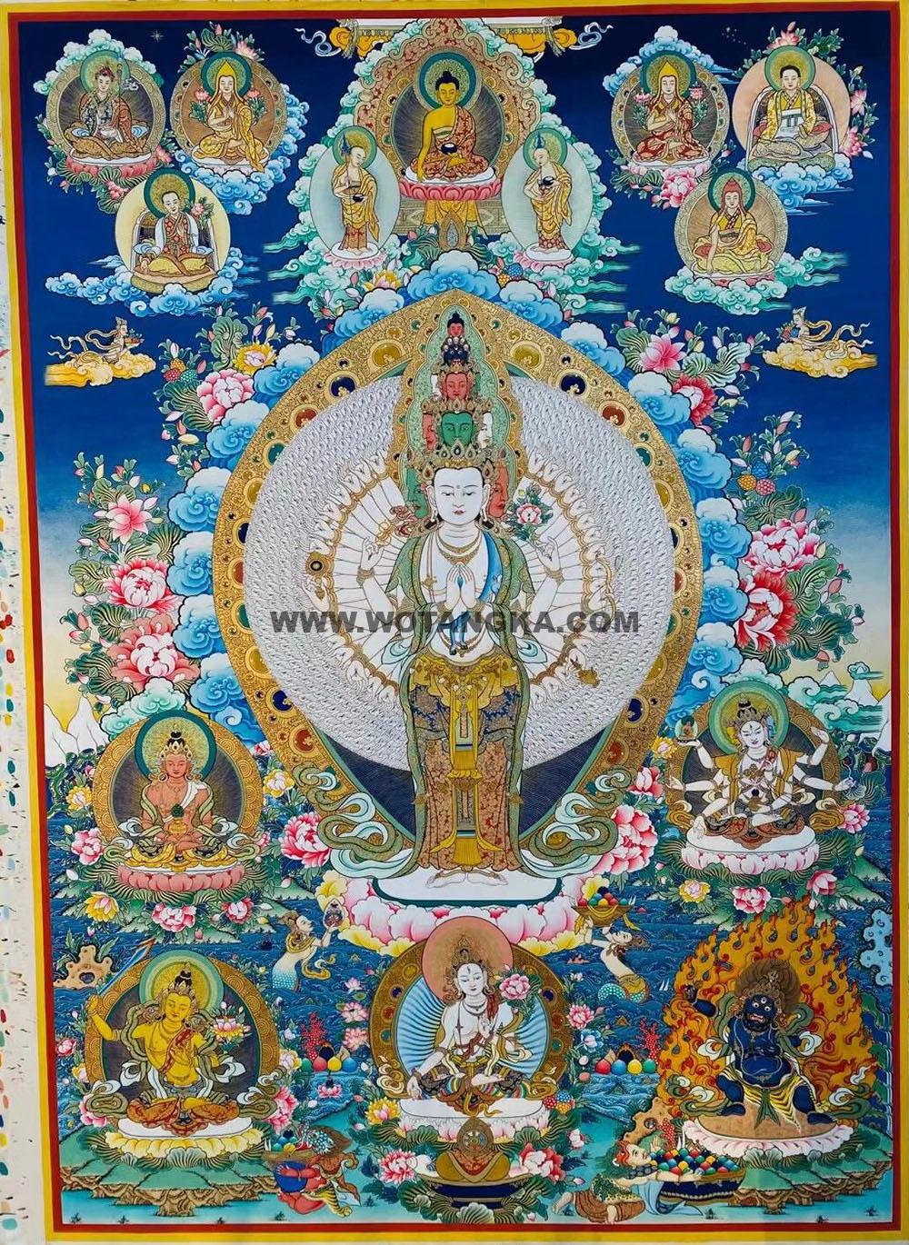 热贡-尼玛顿珠·画院:彩绘唐卡-千手观音·三怙主(120*90CM左右)