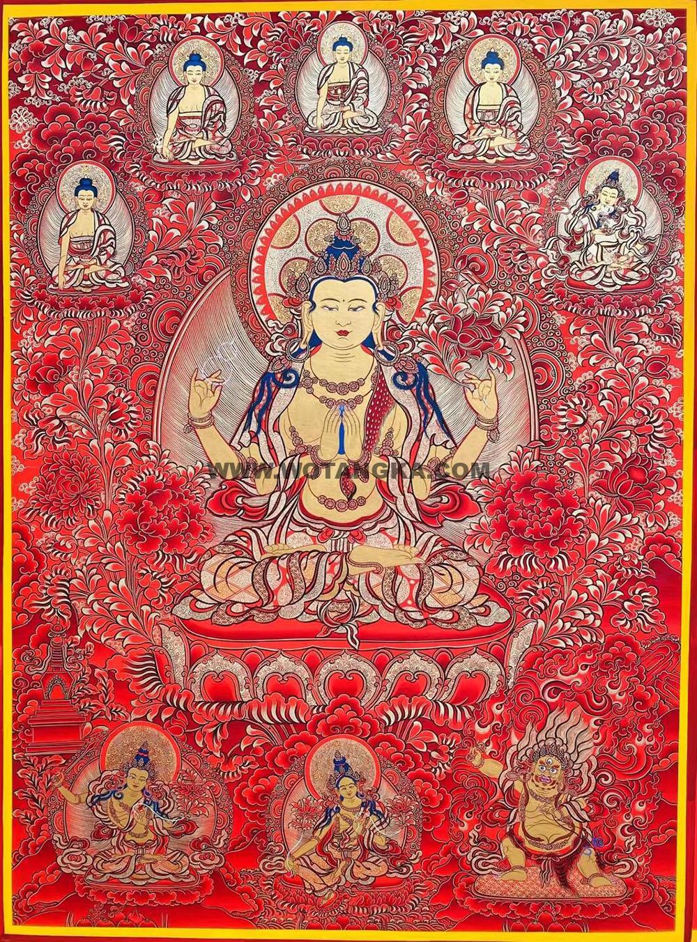 编号188-745019:红金唐卡-四臂观音·三怙主(100*70CM左右)