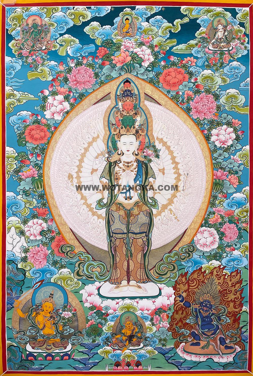 编号188-751267:彩绘唐卡-千手观音·三怙主(100*70CM左右)