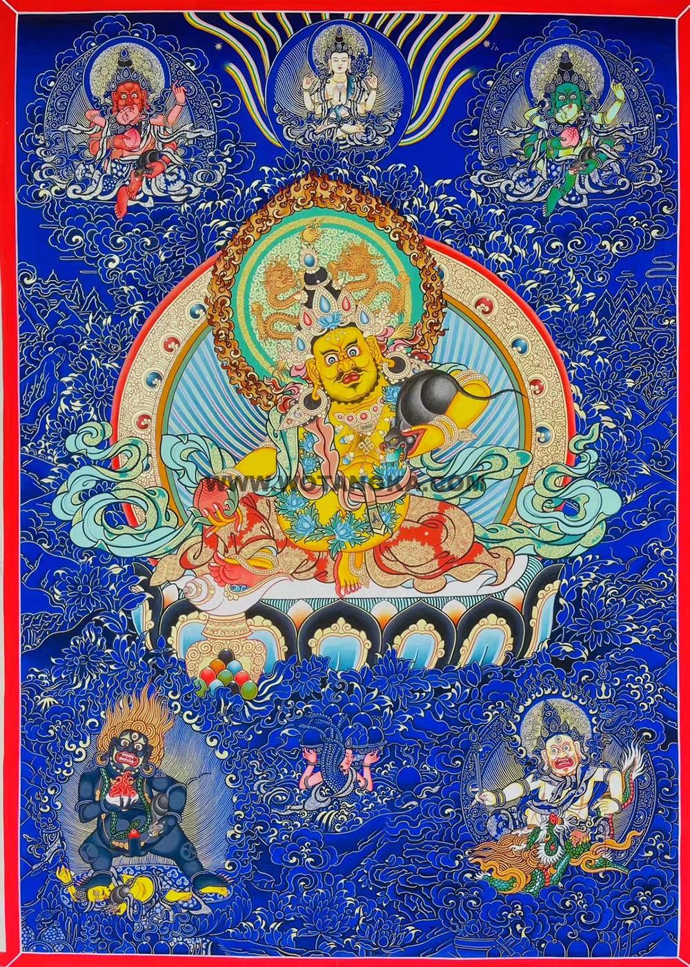 |已结缘·可定制|唐卡寄卖编号:JM·188-798746-黄财神五方财神众四臂观音化现吉祥财富供养图(蓝唐)