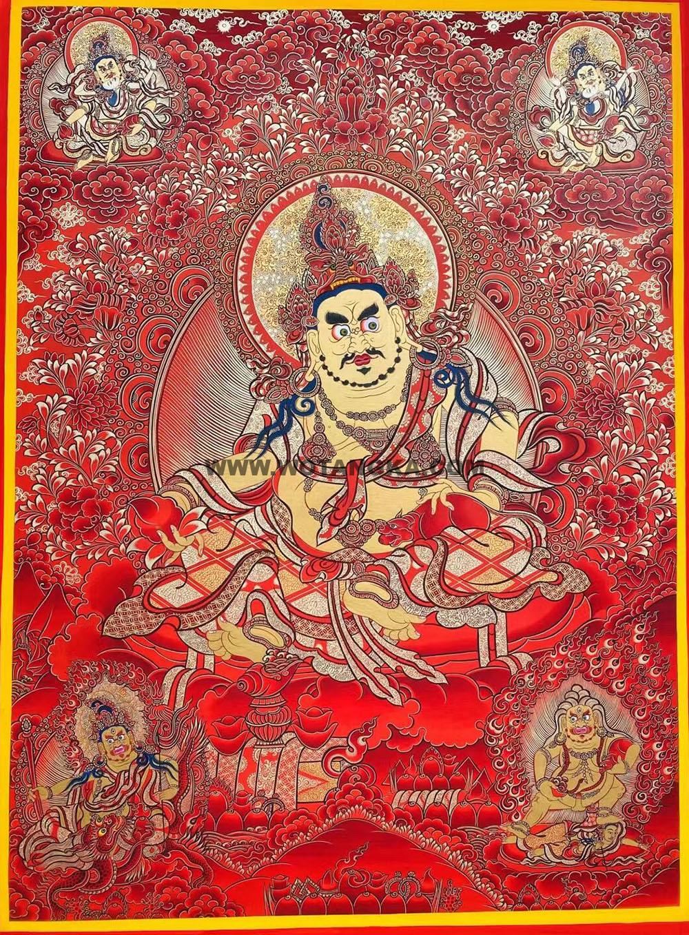 |已结缘·可定制|唐卡寄卖编号:JM·188-814784-黄财神五方财神众吉祥平安财富供养图(红唐)