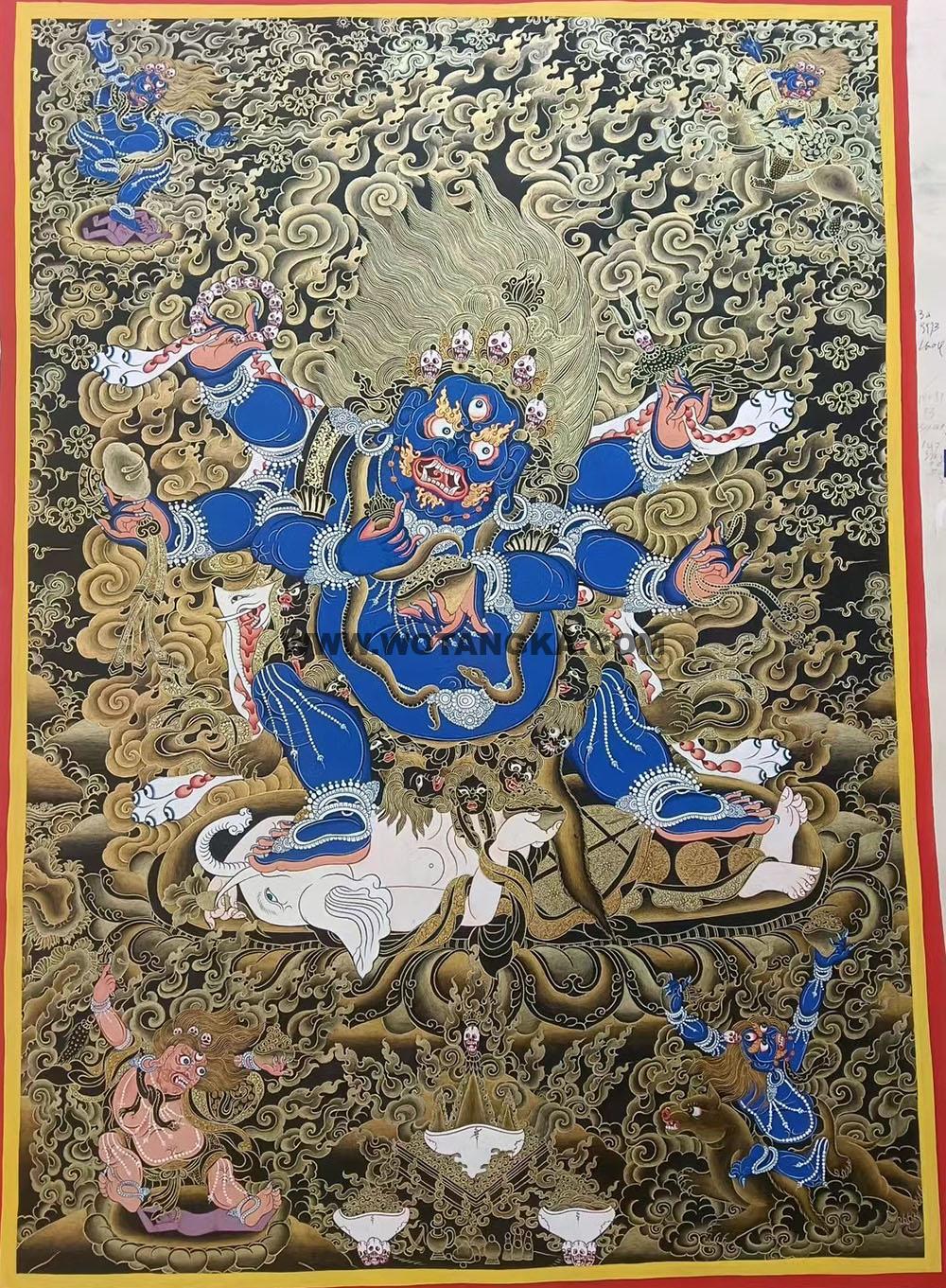 |已结缘·可定制|唐卡寄卖编号:JM·188-834554-六臂大黑天四护法伴神威武吉祥供养图(黑唐)