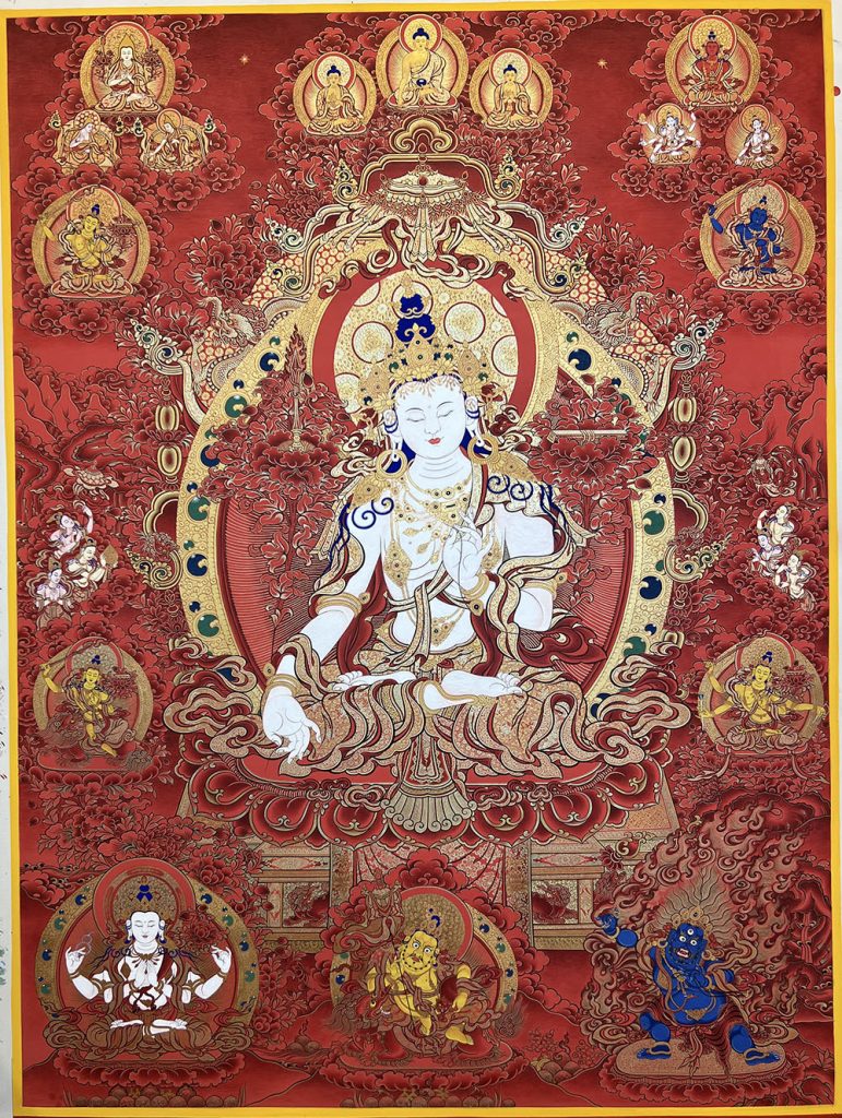 编号188-836857：红金唐卡-白文殊菩萨·五部文殊（120*90CM左右）