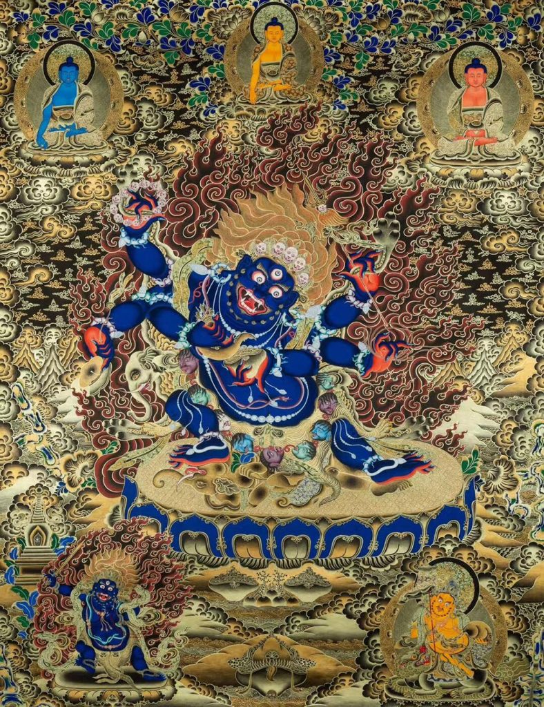 ｜已结缘·可定制｜唐卡寄卖编号：JM·188-837196-六臂玛哈嘎拉二护法神天界三世佛吉祥本尊供养图（黑唐）