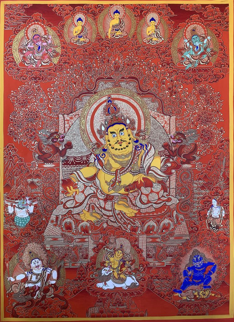 ｜已结缘·可定制｜唐卡寄卖编号：JM·188-858524-黄财神天界三世佛五色财神众吉祥财富供养图（红唐）