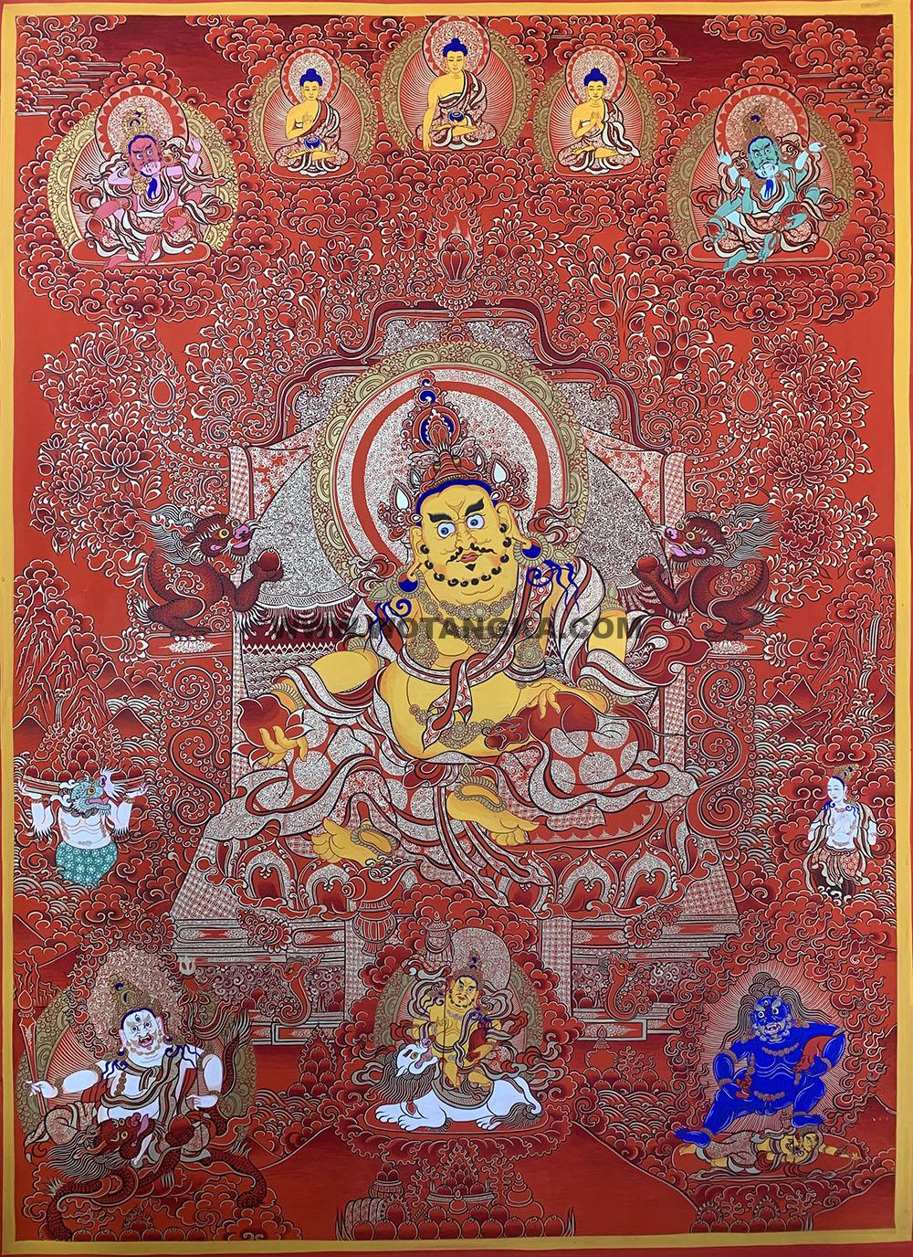 |已结缘·可定制|唐卡寄卖编号:JM·188-858524-黄财神天界三世佛五色财神众吉祥财富供养图(红唐)