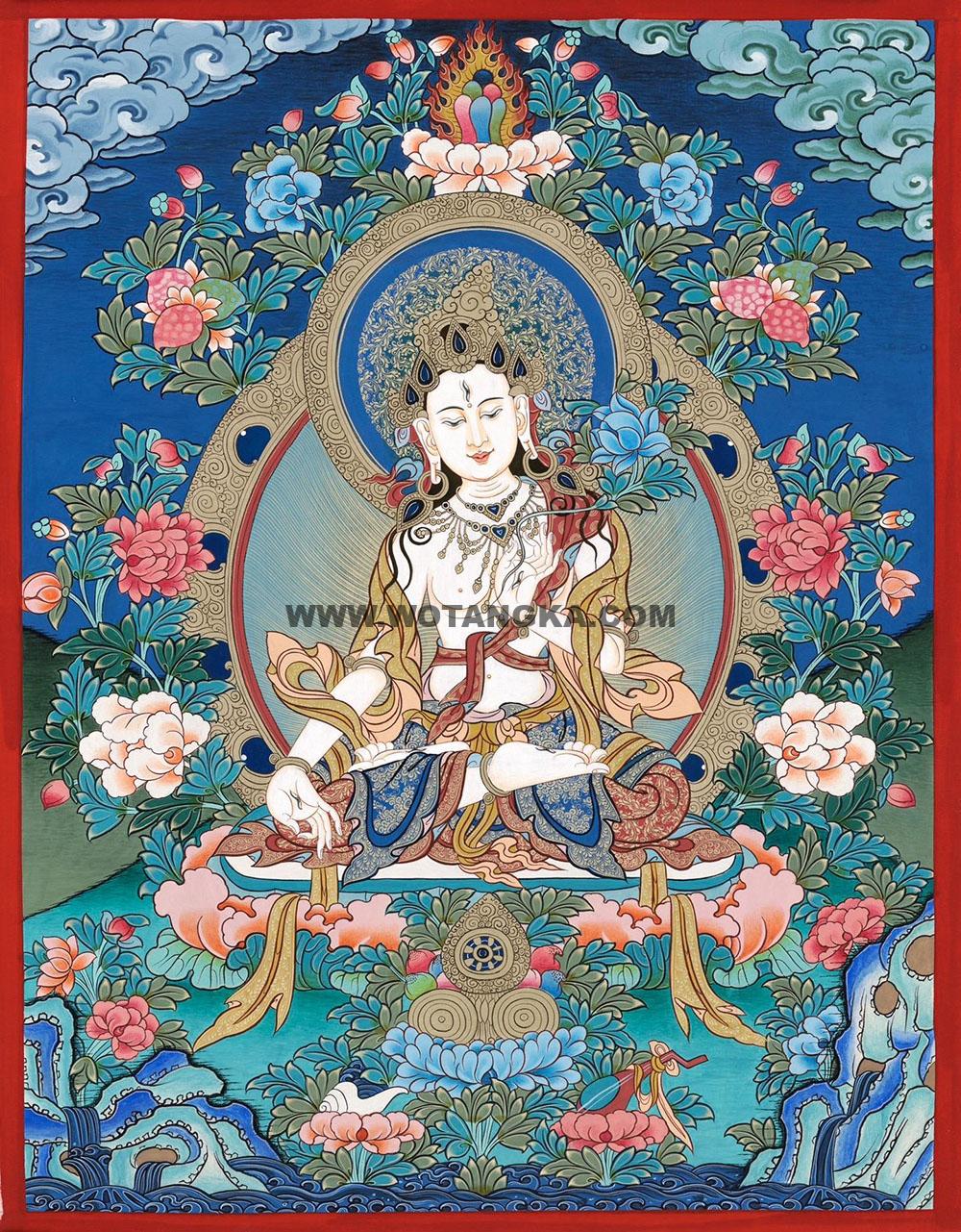 |已结缘·可定制|唐卡寄卖编号:JM·188-898636-白度母吉祥莲平安如意供养图(彩唐)