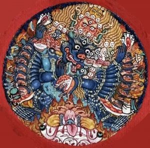 编号118-2727086：彩绘小唐卡-大威德金刚（圆形·直径3.5CM左右）