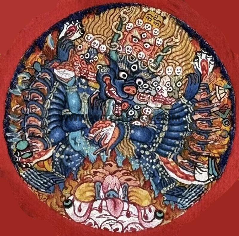 编号118-2727086：彩绘小唐卡-大威德金刚（圆形·直径3.5CM左右）