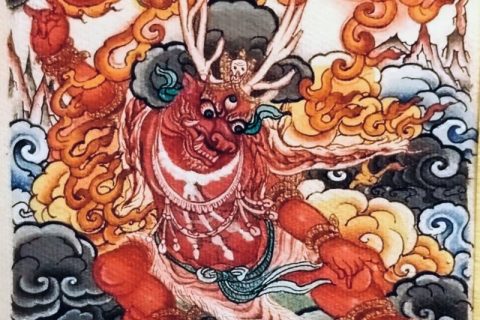 编号118-3953409：彩绘小唐卡-鹿头智赞护法（长方形·5*4CM左右）