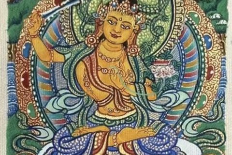 编号118-4013792：彩绘小唐卡-文殊菩萨（长方形·5*4CM左右）