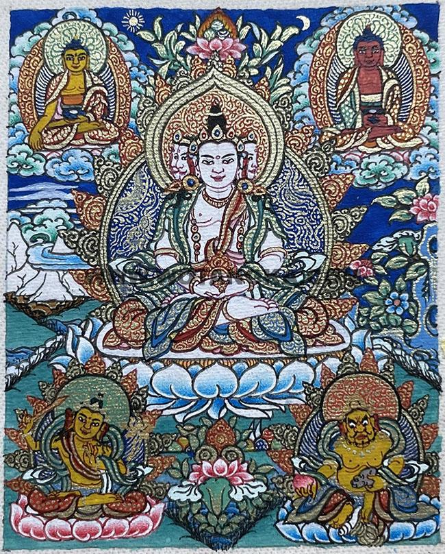 编号118-5086643：彩绘小唐卡-四面大日如来（长方形·5*4CM左右）