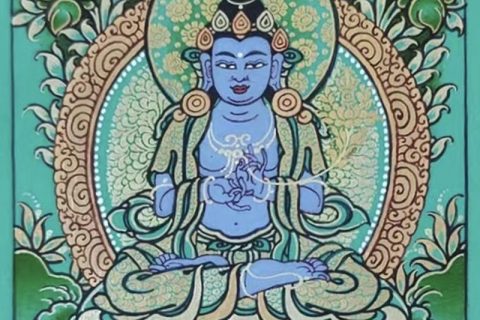 编号118-7138786：绿金小唐卡-金刚手菩萨·寂静相（长方形·5*4CM左右）