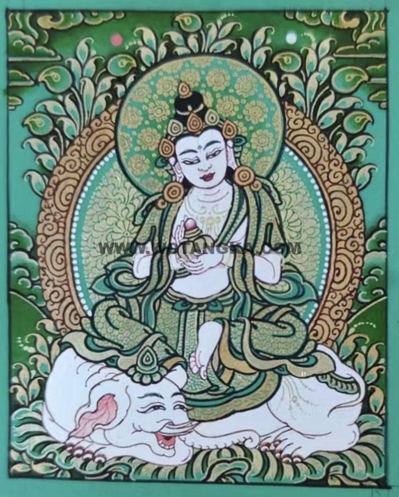 编号118-8228298：绿金小唐卡-骑象普贤菩萨（长方形·5*4CM左右）