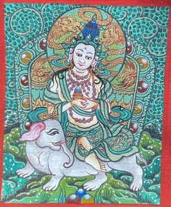 编号118-8622108：绿金小唐卡-骑象普贤菩萨（长方形·5*4CM左右）