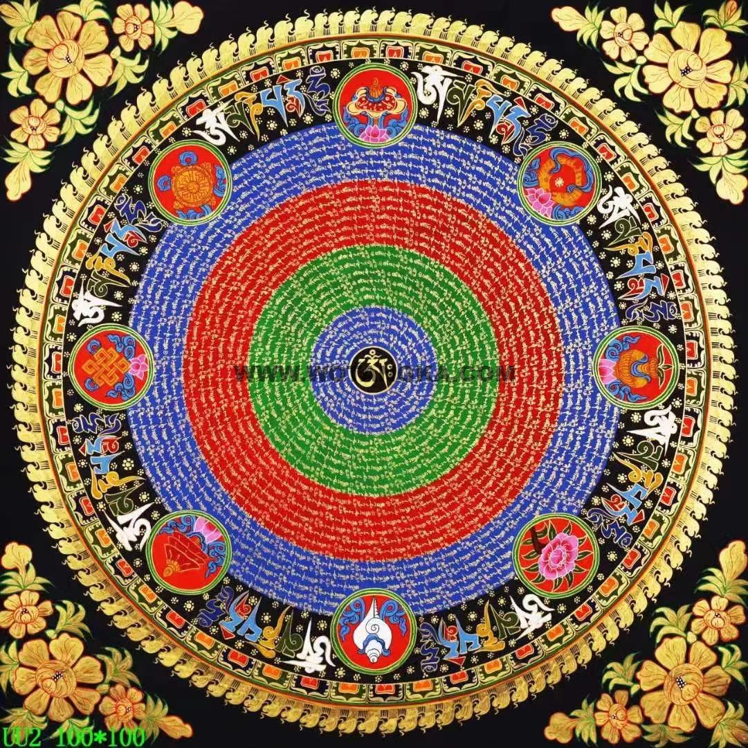 编号138-833548:彩绘唐卡-六字真言坛城(100*100CM左右)