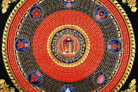 编号138-834578：彩绘唐卡-六字真言坛城（100*100CM左右）