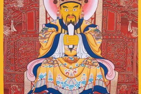 ｜已结缘·可定制｜唐卡寄卖编号：JM·188-361604-龙五爷财神宝座吉祥供养图（红唐）