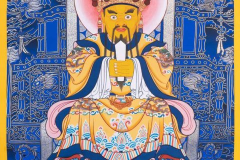 ｜已结缘·可定制｜唐卡寄卖编号：JM·188-362225-龙五爷财神宝座吉祥供养图（蓝唐）