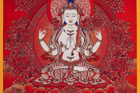 ｜已结缘·可定制｜唐卡寄卖编号：JM·188-365974-四臂观音吉祥红净土如意平安供养图（红唐）