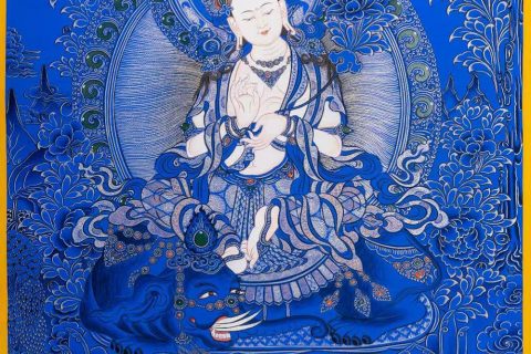 ｜已结缘·可定制｜唐卡寄卖编号：JM·188-402318-普贤菩萨六牙灵象宁静净土平安供养图（蓝唐）