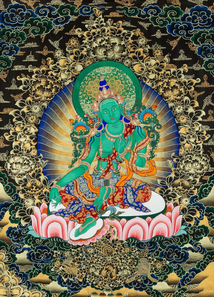 ｜已结缘·可定制｜唐卡寄卖编号：JM·188-710780-绿度母金纹虹光法相大吉莲平安供养图（黑唐）